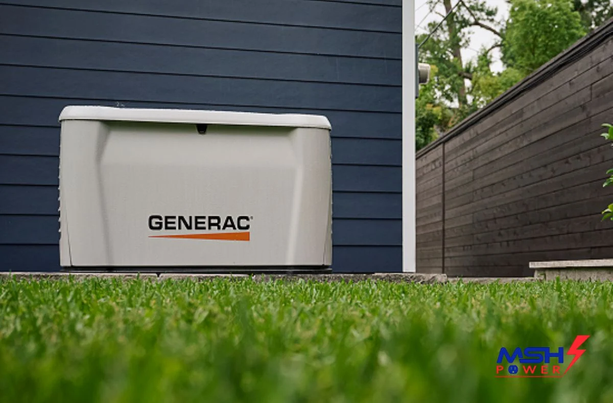 Home standby generator installed on a concrete slab Home standby generator installed on a concrete slab by an authorized Generac dealer for reliable whole-home backup power