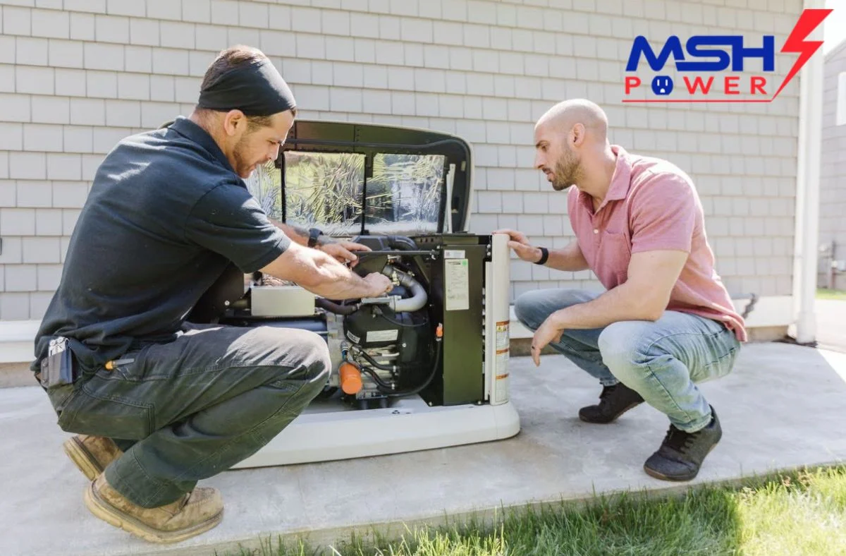 Regular maintenance performed by experienced technicians inspecting spark plugs and critical generator components